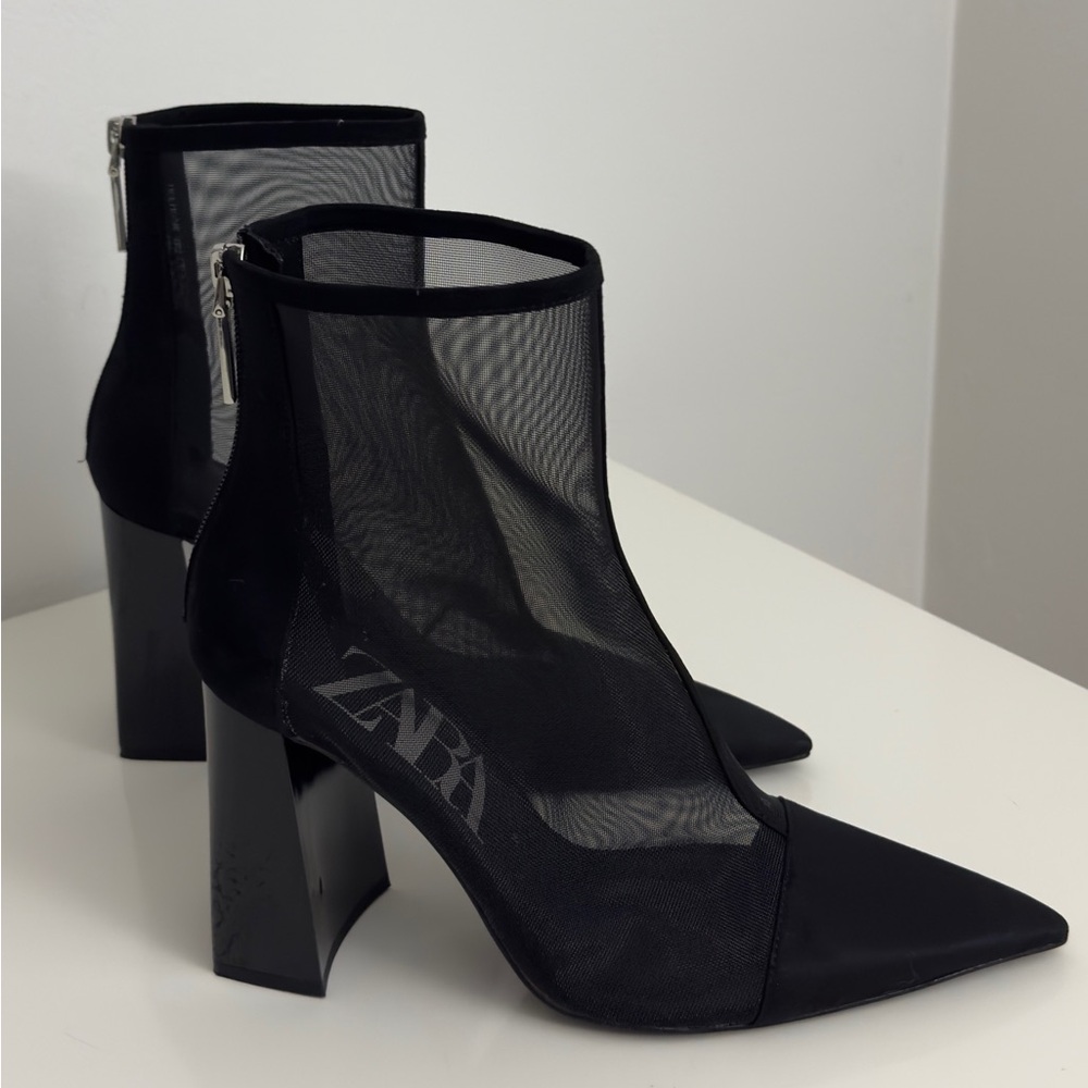 Zara Black Mesh Ankle Boots. Size 38